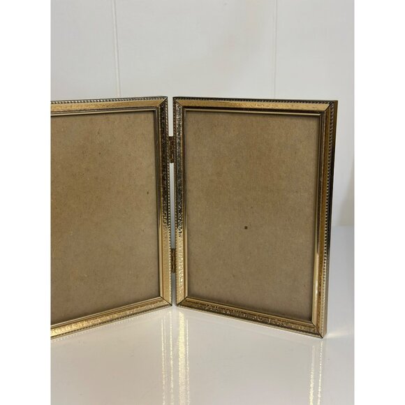 VTG Brass Double Picture Frame 7.25"x5.25"| Mid-Century Modern Hinged Gold Frame - Picture 3 of 6